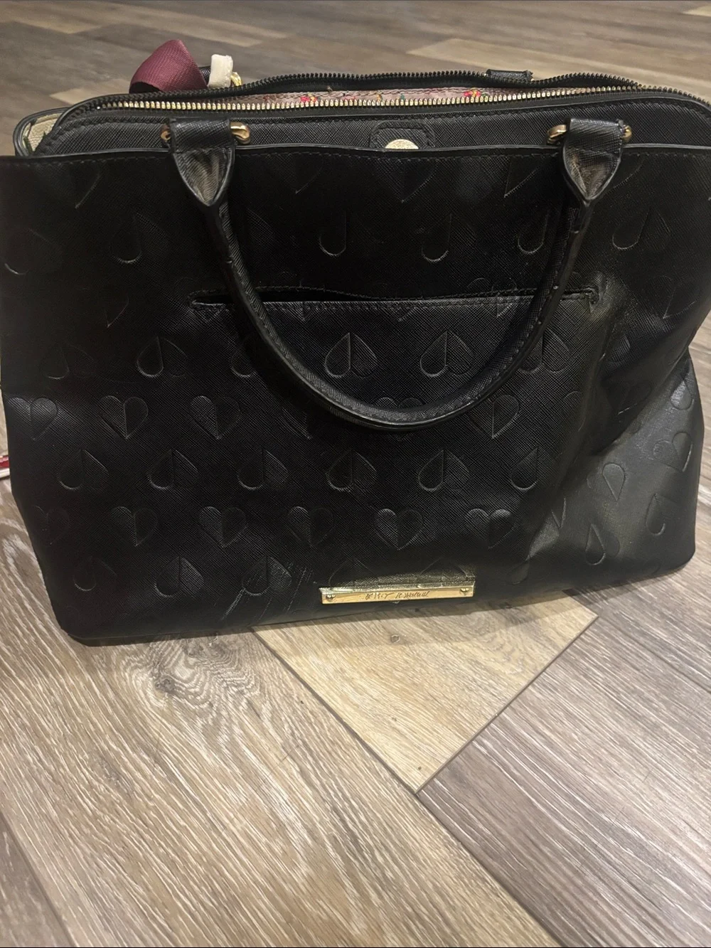 Betsey Johnson Black Heart-Embossed Tote with Gold Hardware